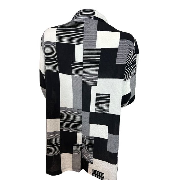 Damee Tunic Top XL Black White Checkered Mesh Inserts Collar Long Sleeve Button - Picture 6 of 16